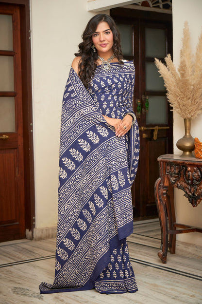 Teal Tranquil | Mulmul Cotton Saree | Hand Block Print Saree