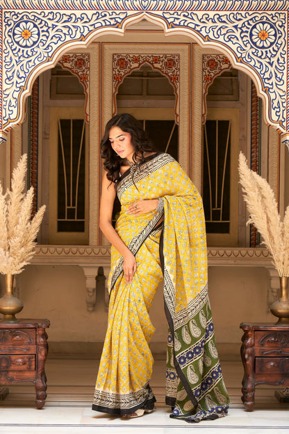 Turmeric Tango | Mulmul Cotton Saree | Hand Block Print Saree