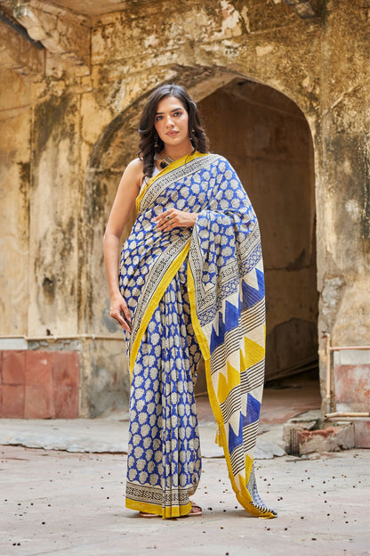 Vibrant Weaves | Mulmul Cotton Saree | Hand Block Print Saree