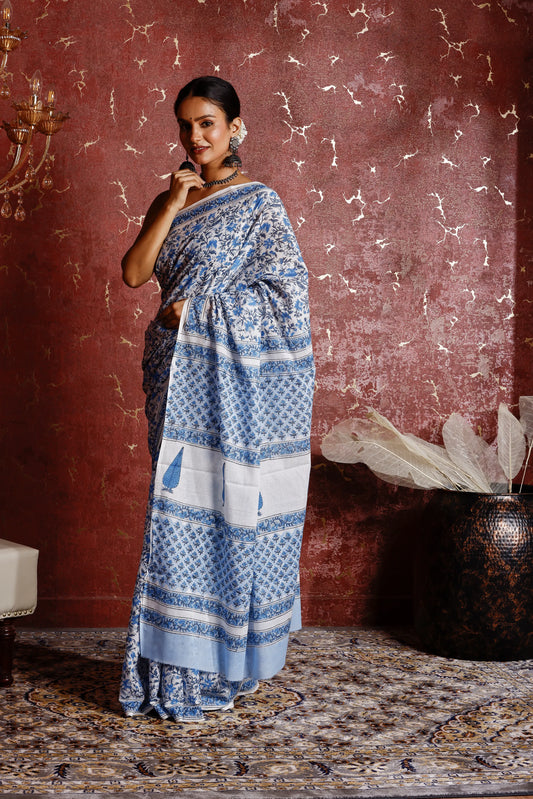 Pure Mulmul Cotton Saree | Neel-Sindoori