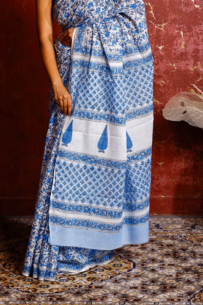 Pure Mulmul Cotton Saree | Neel-Sindoori