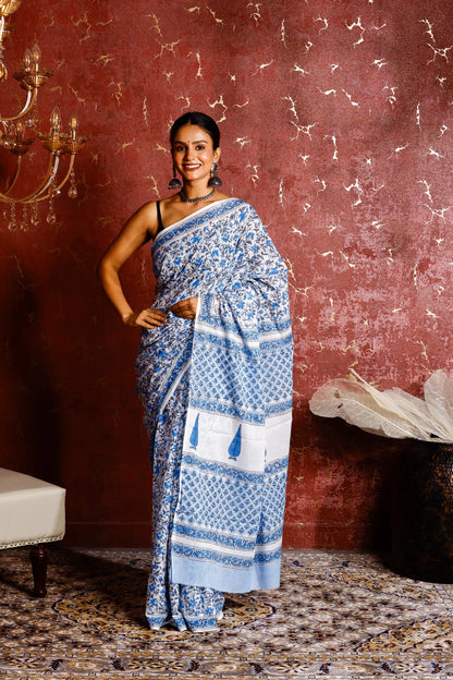 Pure Mulmul Cotton Saree | Neel-Sindoori