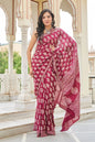 Wine red mulmul cotton saree with delicate hand block work.