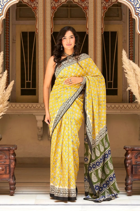 Yellow mulmul cotton saree with traditional hand block prints.