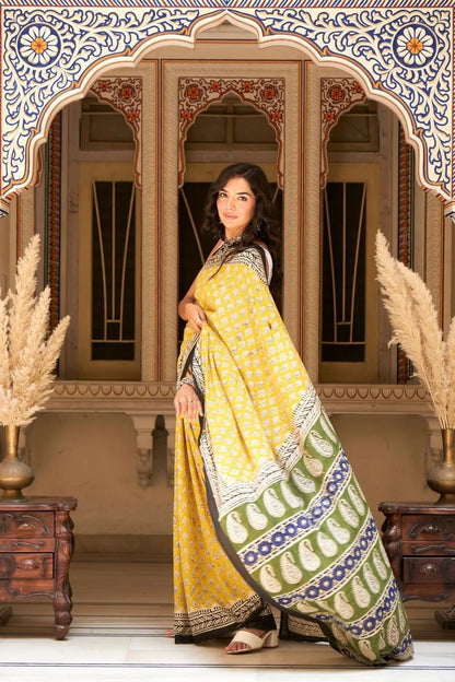 Yellow mulmul cotton saree with traditional hand block prints.